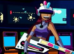 a cartoon character holding a large pair of skis in front of computer monitors and television screens