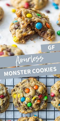 monster cookies with m & m's on top and the words fearless gf monster cookies