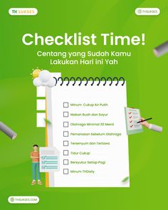 the checklist time is being displayed on a green background with pencils and paper