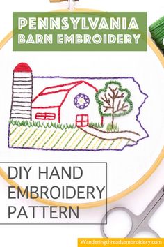 an embroidery pattern with the words pennsylvania barn embroiderry on it and a pair of scissors next to it