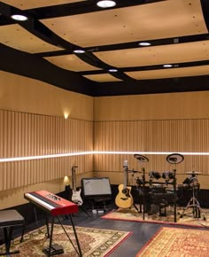 a recording room with acoustic equipment and lights