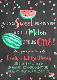 a chalkboard birthday card with watermelon slices and polka dotes on it