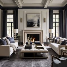 a living room with couches, chairs and a fire place in the fireplace area