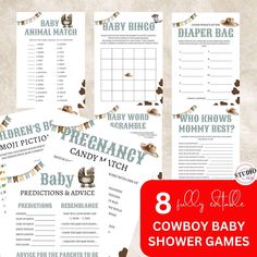 cowboy baby shower games for boys and girls are shown with the text 8 printables