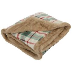 a plaid blanket with faux fur on top