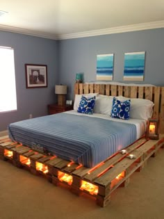 Pallet Bed With Lights, Wooden Pallet Beds, Pallet Bed Frame, Bed Design Ideas, Diy Pallet Bed, Pallet Beds, Pallet Bed, Pallet Furniture Bedroom