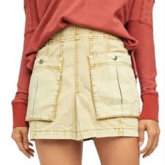 Nwt $78 Free People Gold Dust Denim Jean Skirt Yellow Tan Size: 8 New With Tags Msrp $78 High Rise Shorts With Patch Pockets For Spring, Trendy Bottoms With Patch Pockets Short Length, Trendy Bottoms With Patch Pockets In Short Length, Trendy Short Bottoms With Patch Pockets, High Waist Shorts With Pockets For Fall, Retro Cargo Pocket Bottoms For Spring, Beige Denim Bottoms With Pockets, Vintage Bottoms With Side Pockets For Spring, Short Bottoms With Patch Pockets