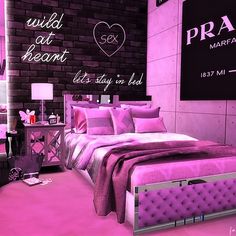 a bed room with a neatly made bed next to a brick wall and pink carpet