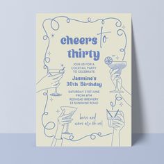 a blue and white party card with cheers