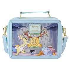 Pack your bags for adventure with the Loungefly Winnie the Pooh Lunchbox Crossbody Bag, which takes the form of a rectangular lunchbox. The bag's front and back panels depict scenes from Rabbit's house where Pooh Bear finds himself in a sticky situation. The sides show Pooh, Piglet, and Tigger as they experience a blustery day. This bag is an officially licensed Disney product. Dimensions: 8.5"W x 6.5"H x 4"D Material: Faux leather (polyurethane) Features: Bag has adjustable shoulder strap, hing Disney Style Gift Bag, Rectangular Shape, Disney Rectangular Shoulder Bag For Daily Use, Disney Rectangular Shoulder Bag For Everyday Use, Disney Rectangular Travel Bag, Disney Rectangular Shoulder Bag For Travel, Disney Style Rectangular Shoulder Bag For Travel, Disney School Bags In Rectangular Shape, Disney Style Rectangular Shoulder Bag For School, Loungefly Winnie The Pooh