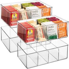 four clear acrylic storage bins with dividers for tea and coffee drinks