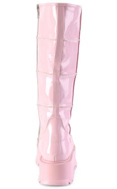 SLACKER-230 Baby Pink Holo Calf Boots-Demonia-Tragic Beautiful Holo Shoes, Pink Knee High Boots, Hologram Shoes, Emo Boots, High Platform Boots, Demonia Boots, Knee High Platform Boots, Alternative Shoes, Pink Holographic