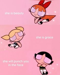 the powerpuff girls cartoon characters are shown in three different ways, one is saying she