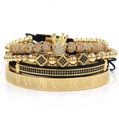 Light up your look when wearing the crown charm beaded bangle bracelet set. Featuring metal beads with crystal detailing, a bangle with roman numerals, and an adjustable design. The bracelet set will charmingly heighten your outfit with its polished look, making everyone from the crowd stared. These accessories are excellent for your everyday ensembles. Fully adjustable bracelet. One size fits all. Our traditional ‘ARDLUX’ logo is laser engraved. Made with 18K plated crown & charms. 8mm disco ba Crown Bracelet, Roman Numeral Bracelet, Red Wind, Imperial Crown, Gold Bracelet Set, Gold Bead Bracelets, Roman Numeral, Gold Crown, Crown Royal