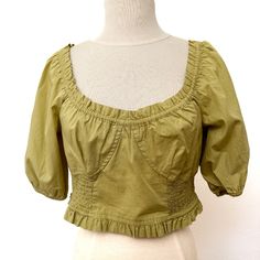 Free People Never Worn Gorgeous Linen Material Crop Top Beautiful Ruffle Detail. Can Be Worn Off The Shoulder Size Medium Material Crop Top, Ruffle Crop Top, Linen Material, Free People Tops, Sage Green, Off The Shoulder, Off Shoulder, Free People, Crop Top