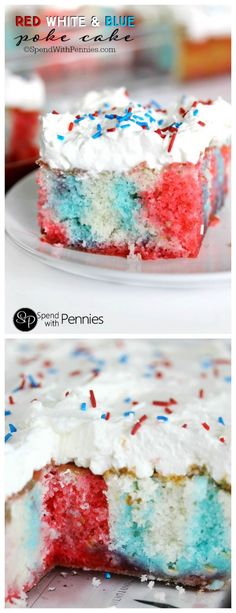 red, white and blue cake with sprinkles on the top is ready to be eaten