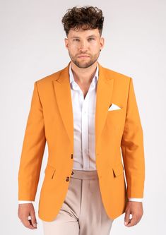 Bryant Baby Mustard Stretch Jacket - SARTORO Fitted Orange Blazer With Long Sleeves, Fitted Orange Outerwear With Notch Lapel, Formal Fitted Orange Outerwear, Orange Fitted Formal Outerwear, Tailored Orange Single-breasted Blazer, Fitted Orange Suits For Fall, Classic Orange Blazer For Workwear, Classic Orange Blazer For Work, Classic Yellow Suits For Work