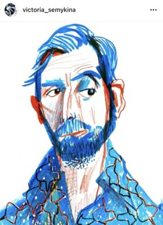 a drawing of a man with blue hair and beard wearing a blue shirt looking at the camera