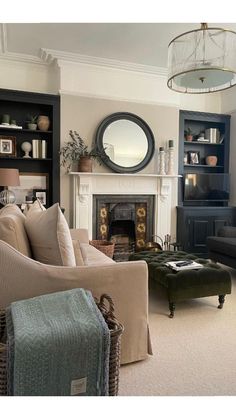 a living room filled with furniture and a fire place