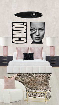 the bedroom is decorated with pink and black accents, including a surfboard on the wall