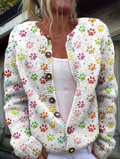 An exclusive offer for you——Affordable prices at Lilicloth.com store, SPU: 1W6LCA9B54E3, Color: White Pink Blue, Theme:Winter, Neckline:Crew Neck. Buttoned Cardigan, Dog Art Print, Dog Print Art, Dog Paw Print, Casual Cardigans, Button Cardigan, Dog Paw, Printed Cardigan, Winter Knits