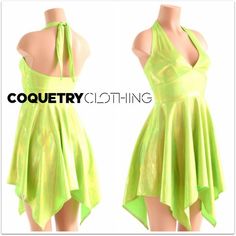 Neon Green Holographic Tink Pixie Handkerchief Hemline Halter Dress  fairy faerie 153903 Green Dress Party, Neon Green Dresses, Blue Green Dress, Party Neon, Dress Fairy, Baby Dress Design, Olive Branch, Gold Shimmer, Flowy Dress