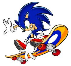 sonic the hedge riding on a skateboard