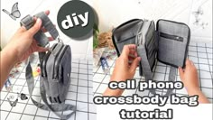 two images showing how to use cell phone cross body bag