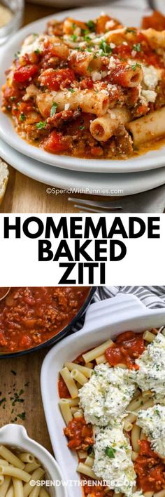 homemade baked ziti with chicken and tomato sauce on top, served in white dishes