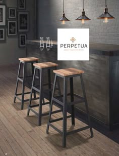 three stools in front of a bar with a sign that says perpetua