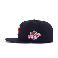 New Era Cap 59Fifty fitted hat for the Minnesota Twins in navy colorway, designed with 1987 World Series side patch. Celebrate the 1987 Minnesota Twins and their championship season with this very special left-sided patch fitted cap from Hat Heaven. Featuring official team logos and colors, the absence of rear logo and New Era flag replicates the on-field hat during that time period, making this as classic as it gets. Fans and fashionistas alike can appreciate the simplistic coloring of this Twi