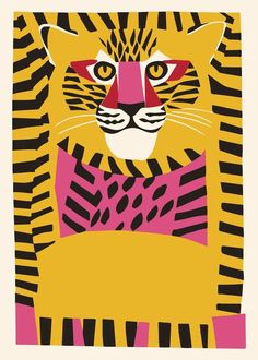 a tiger with pink and black stripes on it's face, standing in front of a yellow background