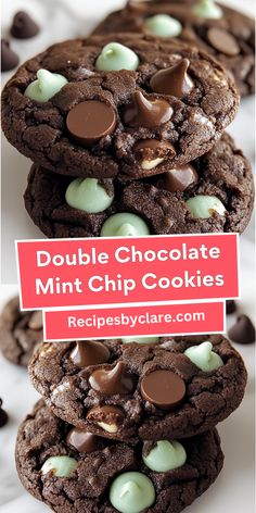 double chocolate mint chip cookies stacked on top of each other