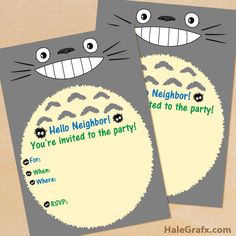 two cards with cartoon faces on them and the words hello neighbor feed to the party