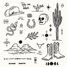 a black and white drawing of various items in the shape of a cactus, hat, boots