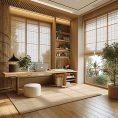 a room with wood flooring and large windows that have bamboo blinds on them, along with a white ottoman