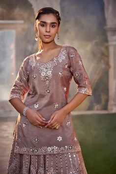 Shop for Mehak Murpana Brown Dupion Crepe Mirror Embroidered Kurta Lehenga Set for Women Online at Aza Fashions Intricate Mirror, Sheer Dupatta, Kurta Lehenga, Floral Mirror, Short Kurta, Embroidery Floral, Color Cafe, Pattern Embroidery, Beautiful Coffee