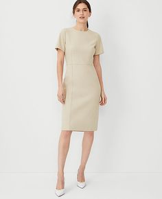 Elevate your wardrobe with the Ann Taylor Short Sleeve Sheath Dress in Bi-Stretch, tailored to flatter with a curvy fit. This elegant piece in Toasted Oat is a perfect blend of comfort and style, designed to keep you looking polished from morning to evening.

- Size: 4
- Fit: Tailored, curvy fit
- Color: Toasted Oat
- Material: Shell - 66% Polyester, 28% Rayon, 6% Spandex; Lining - 100% Polyester
- Length: Hits at knee, approximately 23 1/2" from natural waist
- Features: Crew neck, short sleeve A-line Dress Casual, Work Fits, Simple Sewing, Knitted Suit, Career Dress, Petite Dresses, Sheath Dress, Effortless Style, Ann Taylor