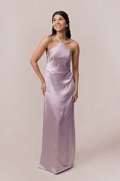 Model: Jacinth; Size: 4 Wedding Parties Colors, Bridesmaid Dress Colors, Fitted Silhouette, Halter Neckline, Satin Dress, Color Swatches, Bra Cups, Dress Backs, Orange And Purple