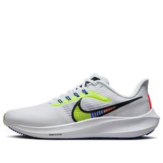 The Nike Air Zoom Pegasus 39 Premium 'White Volt' is the perfect sneaker for runners who want to take their performance to the next level. With a lightweight design and supportive upper, you'll be able to stay in control of every step. The Zoom Air cushioning and sole provide extra bounce and responsiveness, while the sleek silhouette and WHITE/GREEN/BLUE colorway will keep you looking stylish. Inspired by the classic Pegasus series, this sneaker is perfect for training and running, helping you reach your personal goals. Take flight with the trusted Pegasus series. (SNKR/Men's/Low Top/Non-Slip/Wear-resistant) Nike White Trail Running Shoes For Jogging, Dynamic White Running Shoes For Marathon, Nike White Trail Running Shoes For Light Sports, Nike Dynamic Trail Running Shoes For Light Sports, Sporty White Nike Trail Running Shoes, Sporty White Running Shoes For Marathon, White Dynamic Running Shoes For Marathon, White Athletic Fit Running Shoes For Marathon, Nike White Sporty Trail Running Shoes