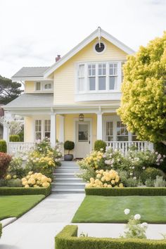 a yellow house with white trim and flowers in the front yard is surrounded by trimmed hedges