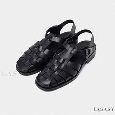 Lasaky - Handmade Vintage Woven Sandals with Top Grain Cowhide for Store Black Work Shoes, Roman Sandals, Woven Sandals, Rubber Sandals, Closed Toe Shoes, Peep Toe Sandals, Fashion Sandals, Toe Sandals, Outdoor Wear