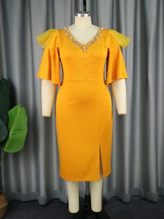 V-neck Beaded Dress Ladies Boutique Bell Bottom Sleeve Dresses Yellow Bodycon Dress, Steps Dresses, V Neck Midi Dress, Half Sleeve Dresses, Rock Design, Hip Dress, Skirt Design, Skirt Dress, Beaded Dress