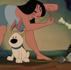 an animated character is petting a dog on the leash