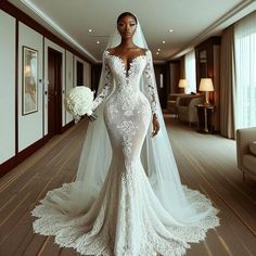 a woman wearing a wedding dress and veil in a hotel room with her bouquet on the floor