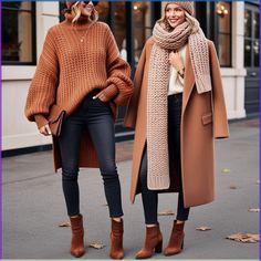 Embrace the essence of autumn with a chic and comfortable fall outfit. Start with a luxurious, oversized knit sweater in a warm caramel hue, offering both style and coziness. Tuck it into high-waisted, dark-wash jeans that accentuate your silhouette while providing a sleek contrast. Add a tailored camel coat for an elegant touch and extra warmth, perfect for those crisp, cool days. Slip into chestnut brown ankle boots with a subtle heel to elevate your look and ensure comfort throughout the day. Complete the ensemble with a chunky knit scarf in a complementary neutral shade and a soft, matching beanie. This outfit strikes the ideal balance between casual and polished, making it perfect for everything from a leisurely stroll in the park to a casual day at work. Brown Ankle Boots Outfit Winter, Outfits With Brown Ankle Boots, Camel Booties Outfit, Chunky Heel Boots Outfit, Winters Dresses, Brown Boots Outfit Winter, Camel Boots Outfit, Dark Washed Jeans Outfit, Brown Ankle Boots Outfit