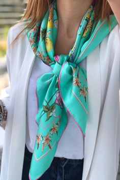 Silk Square Scarf - Hand Designed in Green Yellow Orange Pink Floral Pattern