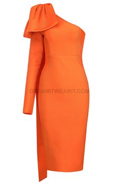 One Sleeve Bow Midi Dress Orange DESIGN: Colour: Orange One shoulder neckline Long sleeve / Sleeveless Bow detail at shoulder Asymmetric design Slit detail at back Allover bandage construction Body sculpting design Exposed zipper at back Stretch Type: Stretchy Gentle Dry Clean Only Length: Midi. Mid-calf length MATERIAL: 90% Rayon + 9% Nylon + 1% Spandex Top quality Rayon: anti-wrinkle, brighter colours. High quality durable bandage fabric. High elasticity for a better fit. Delicate sewing and hemming by durable needle lockstitch machine. YKK zipper (known as the most durable and reliable zippers manufactured today). To maintain the beauty of your gartment, please follow the care instructions on the attached label. Colour may vary due to lighting on images. The product images (without mode Dress Weights, Spandex Top, Orange Design, Dress Orange, Dressy Dresses, Pink Midi Dress, Body Sculpting, Asymmetrical Design, Sleeve Midi Dress