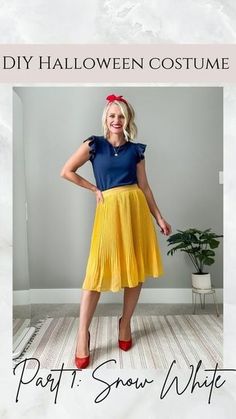 a woman wearing a yellow pleated skirt and blue top with the words diy halloween costume party snow wife