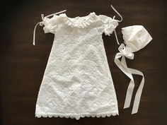 A French White Lace Christening Dress and Bonnet, Belle Baptism Dress Fitted Lace Dress With Lace Trim For First Communion, Lace Baptism Dress With Lace Collar, Fitted Lace Baptism Dress With Scalloped Lace, Classic Fitted Baptism Dress With Lace Bodice, Elegant Lace Baptism Dress For Church, Classic White Lace Dress, Elegant Baptism Dress With Ruffles For Church, Fitted Baptism Dress With Lace Trim For Church, Elegant Ruffled Baptism Dress For Church